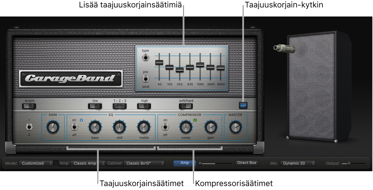 Bass Amp Designer, jossa näkyvät taajuuskorjain- ja kompressorisäätimet