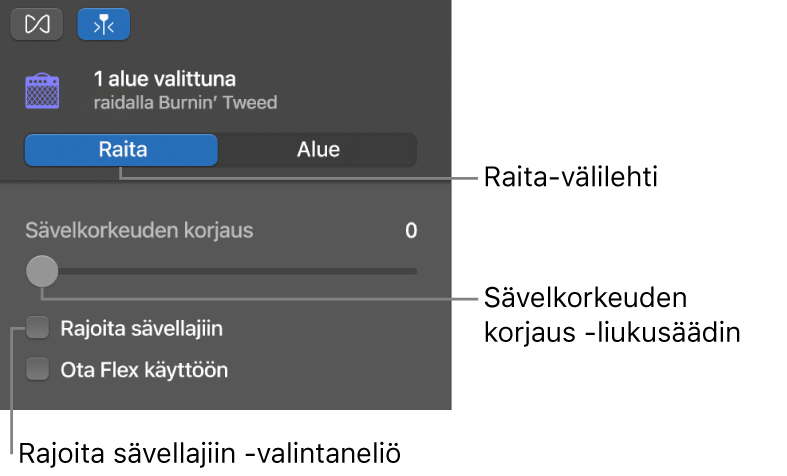 Äänieditorin inspektori Alue-tilassa, jossa näkyy Sävelkorkeuden korjaus ‑liukusäädin ja Rajoita sävellajiin ‑valintaneliö.