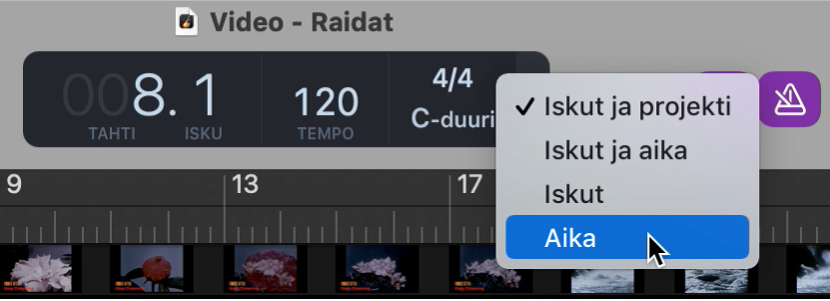 Säädinpalkin LCD, jossa valittuna aikamuoto.