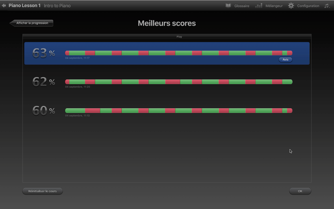 Résultats affichés dans la fenêtre Meilleurs scores.