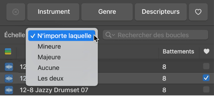 Menu contextuel Gamme dans le navigateur de boucles