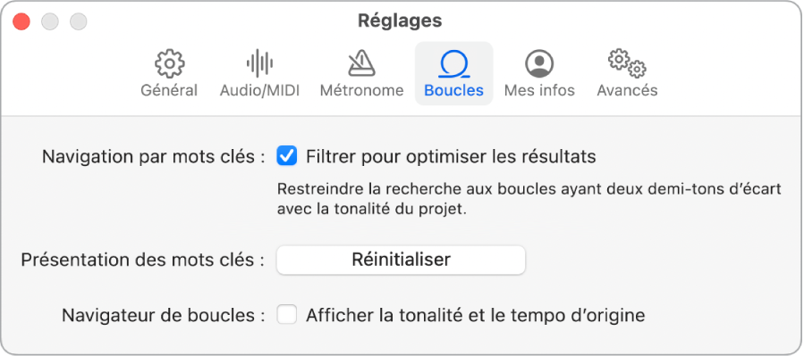 Sous-fenêtre Réglages des boucles