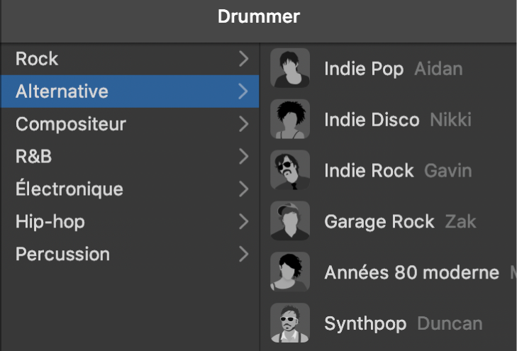 Sélection d’un genre dans l’éditeur Drummer.