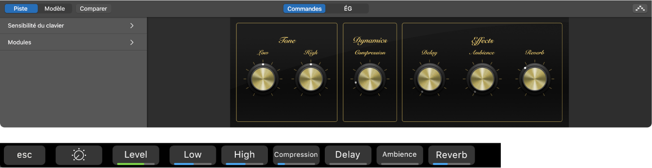 Figure Smart Controls pour une piste d’instrument logiciel et raccourcis dynamiques des Smart Controls pour cet écran.