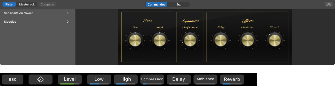 Figure. Smart Controls pour une piste d’instrument logiciel et raccourcis dynamiques des Smart Controls pour cet écran.