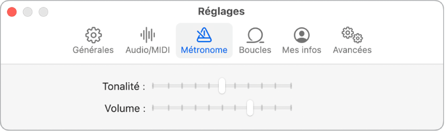 Sous-fenêtre Réglages Métronome.