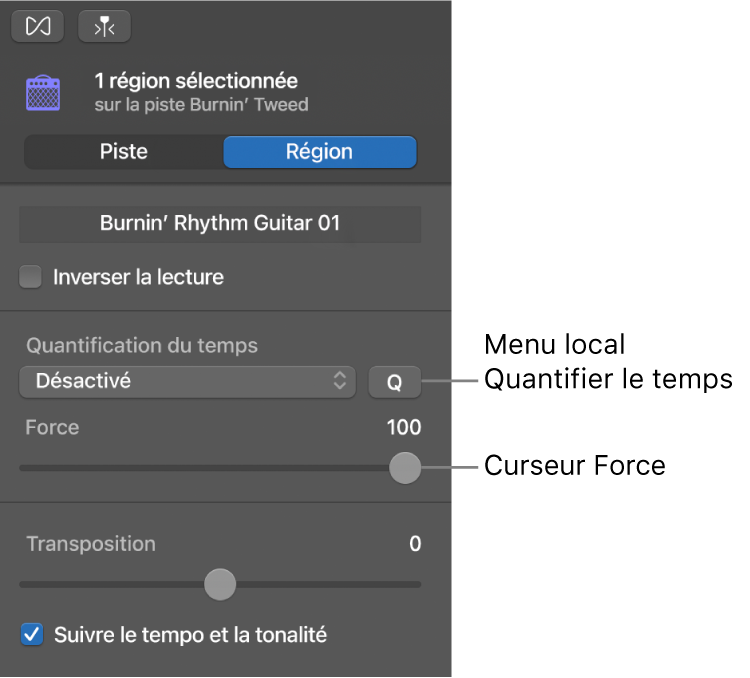 Menu local Quantification du temps et curseur Force dans l’inspecteur de l’éditeur audio.