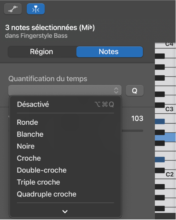 Sélection d’une valeur dans le menu local Quantification du temps dans l’inspecteur de l’éditeur de partition défilante.