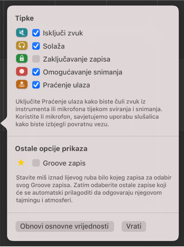 Dijaloški okvir konfiguracije zaglavlja zapisa.