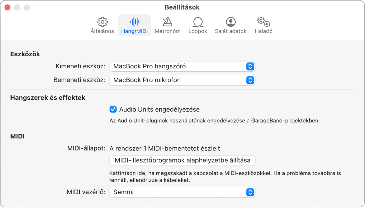 A Hang-/MIDI-beállítások panel.