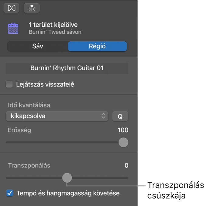 A Hangszerkesztő vizsgálója Terület módban a Transzponálás csúszkájával.