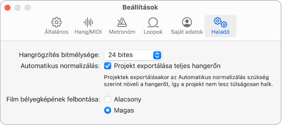 A Speciális beállítások panel.