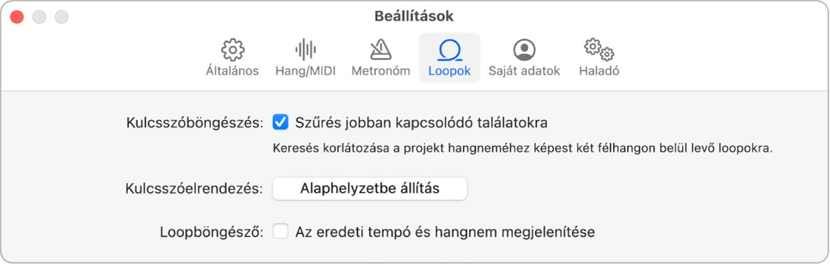 A Loopok beállításai panel.