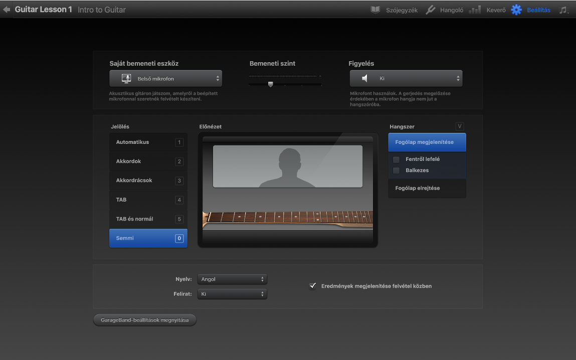 Hangszertanulás beállítási ablaka.