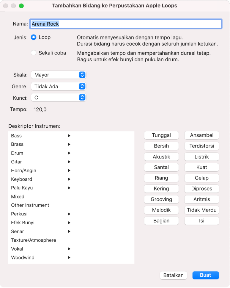 Dialog Tambahkan Bidang ke Perpustakaan Apple Loops.