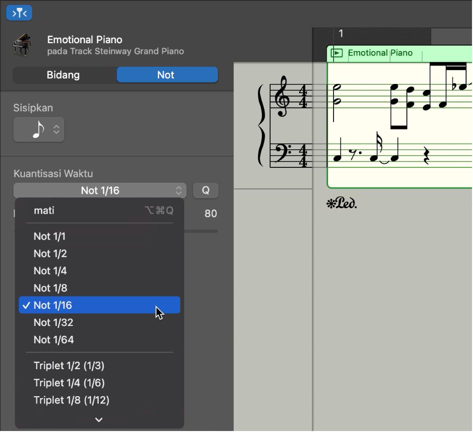 Memilih nilai dari menu pop-up Kuantisasi Waktu di Editor Notasi.