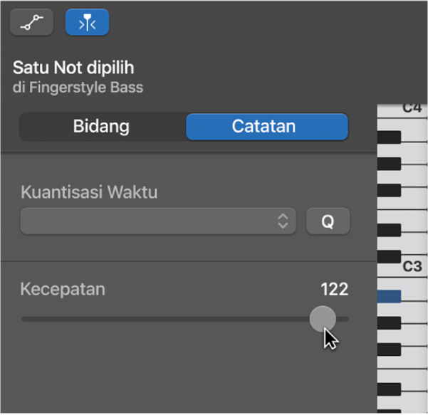 Mengedit kecepatan not di Editor Rol Piano.