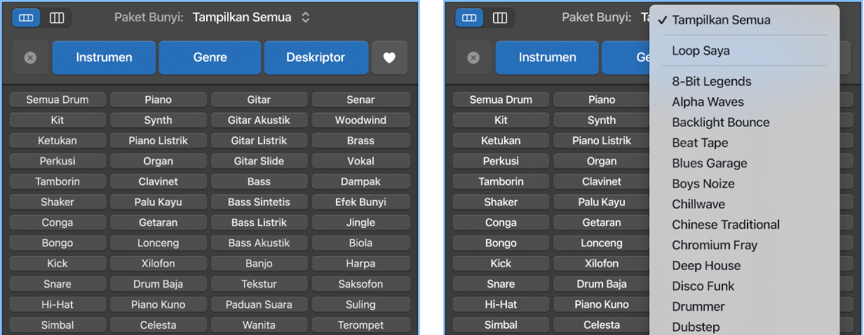 Menampilkan menu pop-up Loops yang dibuka.