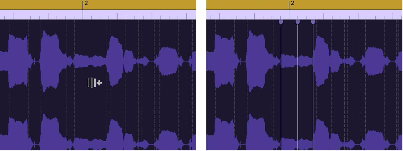 Regione audio che mostra la creazione di un marcatore Flex sopra un marcatore transiente.