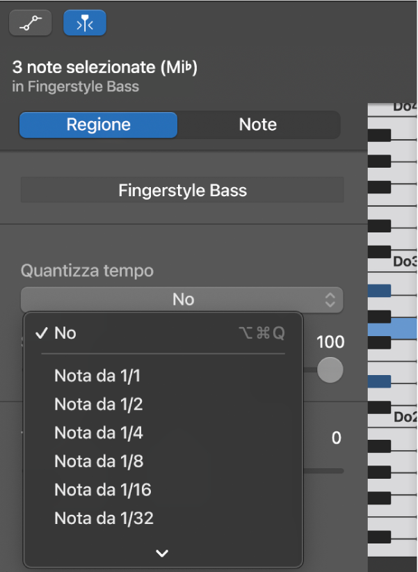 Scelta di un valore dal menu a comparsa “Quantizza tempo” in “Editor Piano roll”.