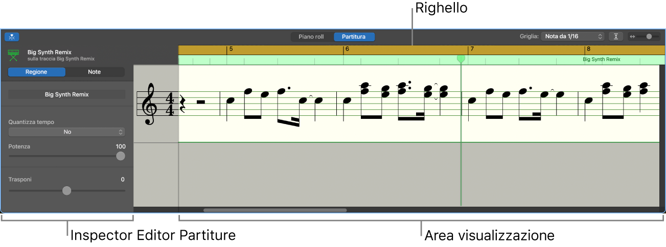 “Editor Partitura” con inspector e area di visualizzazione.