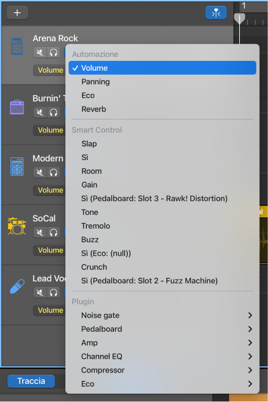 Mostra il menu a comparsa “Parametro automazione” aperto.