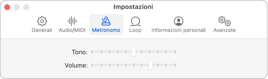 Pannello delle impostazioni Metronomo.