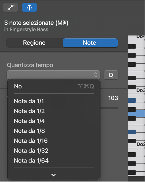 Scelta di un valore dal menu a comparsa “Quantizza tempo” in “Editor Piano roll”.