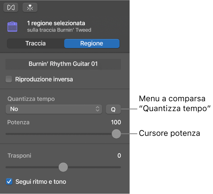 Inspector “Editor audio”, con il menu a comparsa “Quantizza tempo” e il cursore Potenza.