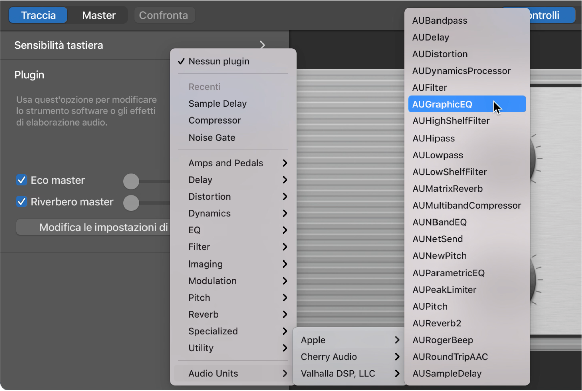 Selezione di un plugin Audio Units dal relativo menu a comparsa nell’area Plugin.