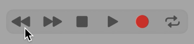 トランスポートボタン。「早戻し」ボタンが選択されています。