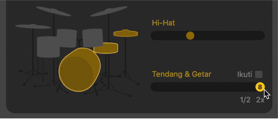Editor Drummer menunjukkan variasi separuh dan dua kali ganda masa.