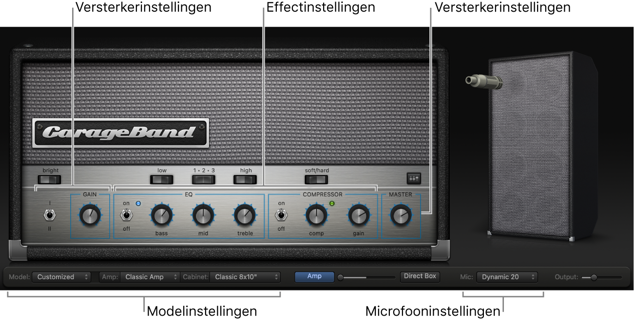 Bass Amp Designer-venster met verschillende gebieden met regelaars.