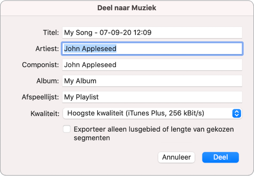 Dialoogvenster 'Deel naar Muziek'.