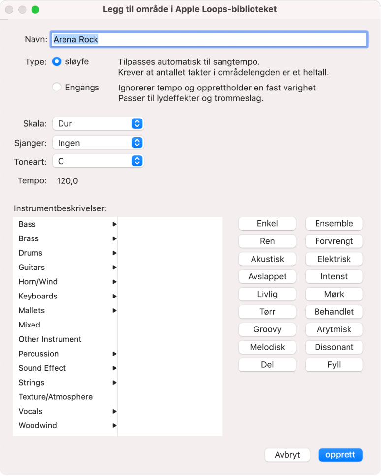 Dialogruten Legg til området i Apple Loops-biblioteket.
