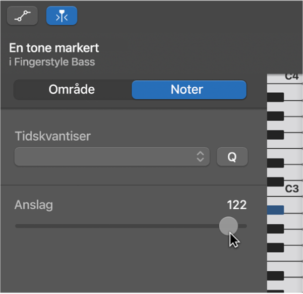 Redigere toneanslag i Pianorullredigerer.