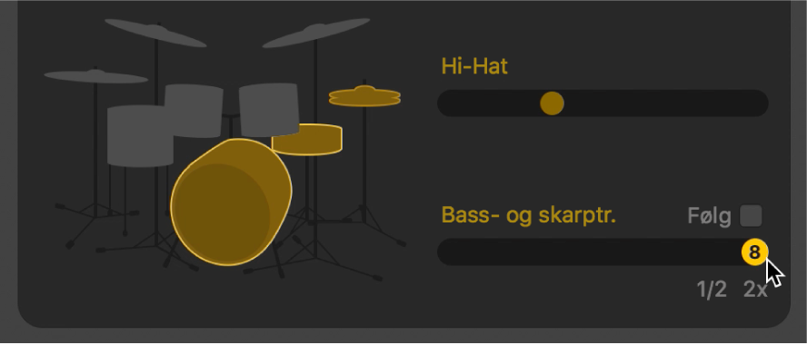 Drummer-redigerer som viser halv- eller dobbeltidsvariasjoner.