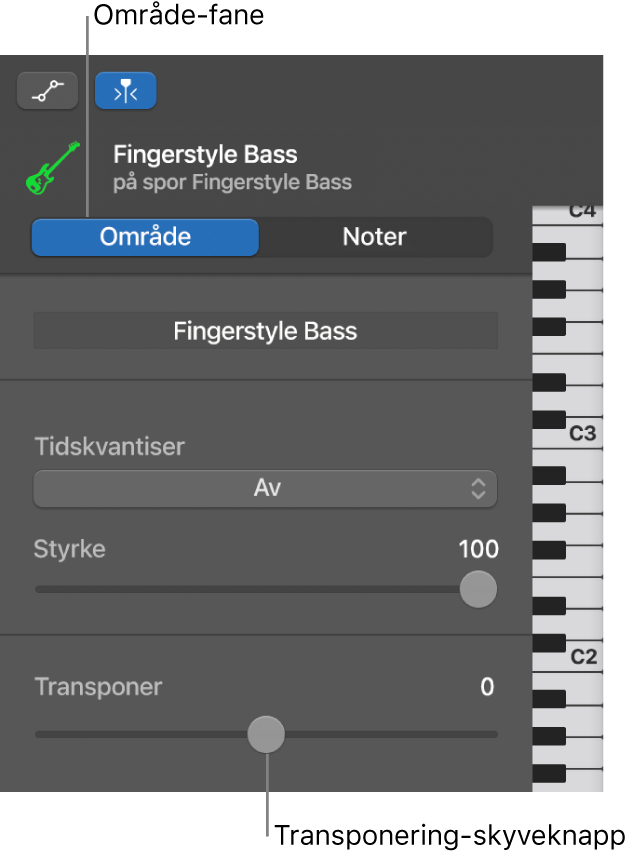 Pianorullredigerer-inspektør, som viser Område-knappen og Transponer-skyveknappen.