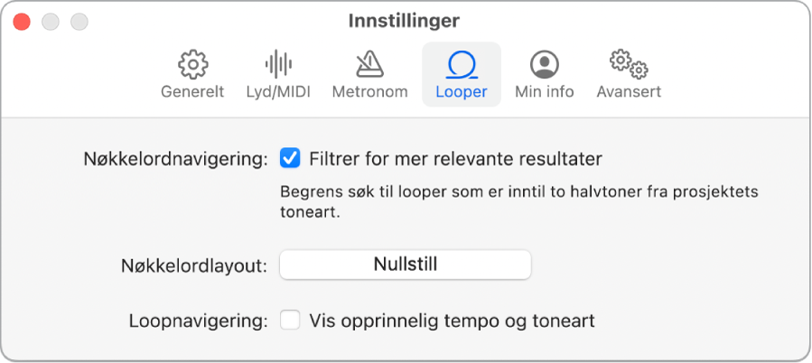 Innstillingspanelet Looper.