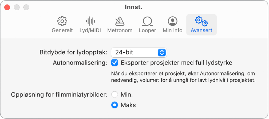 Innstillingspanelet Avansert.