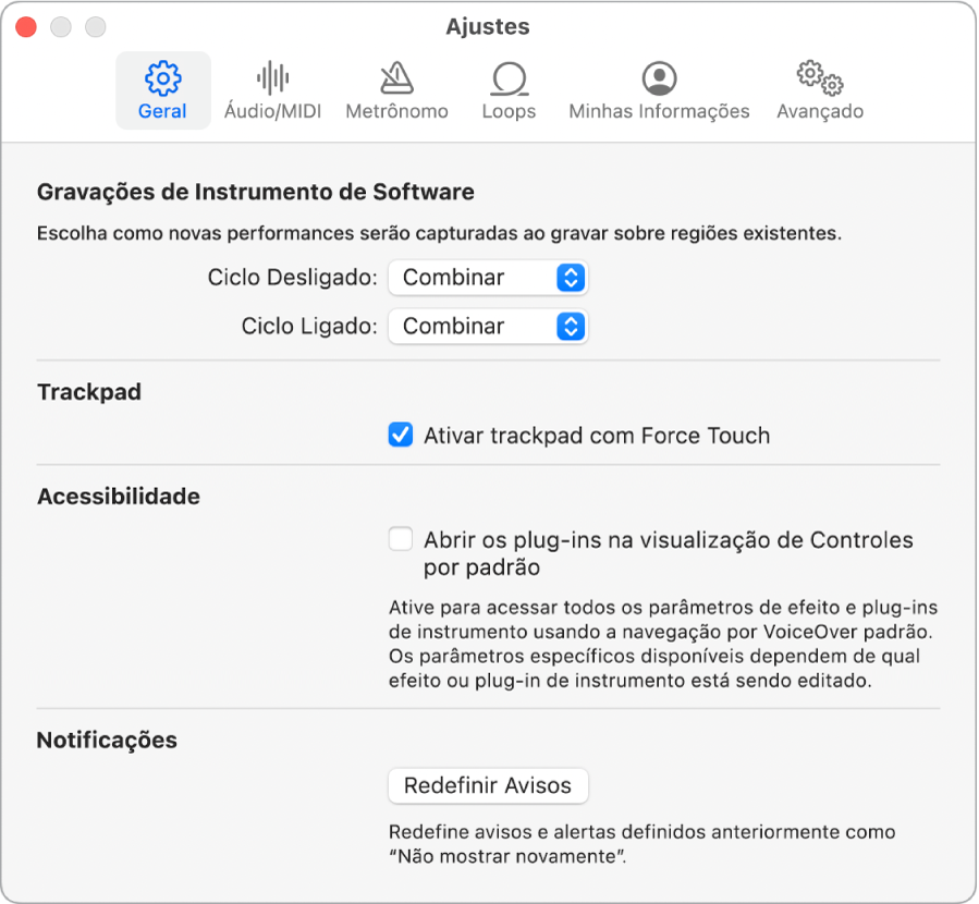 O painel de ajustes Geral.