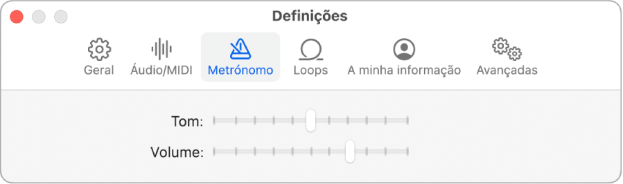 Painel de definições do metrónomo.