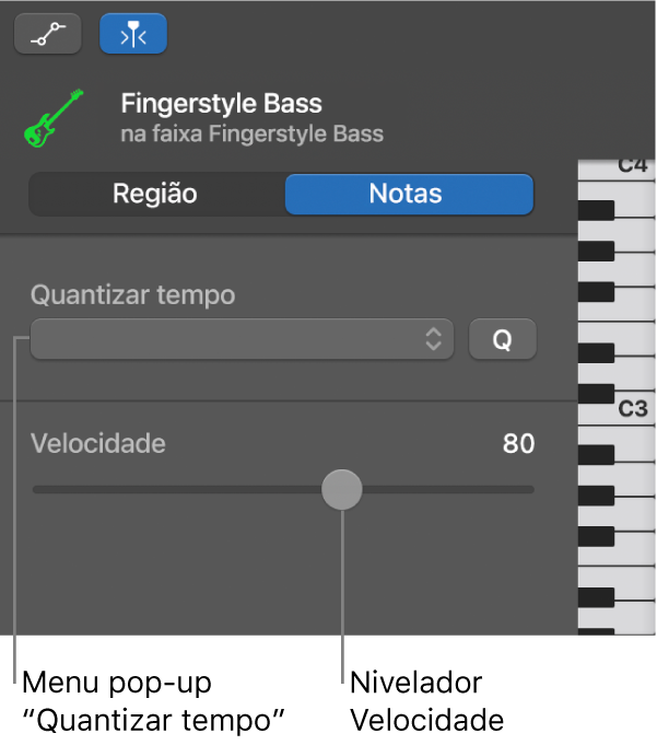 Inspetor do editor de rolo de piano no modo Notas, a ilustrar os controlos.