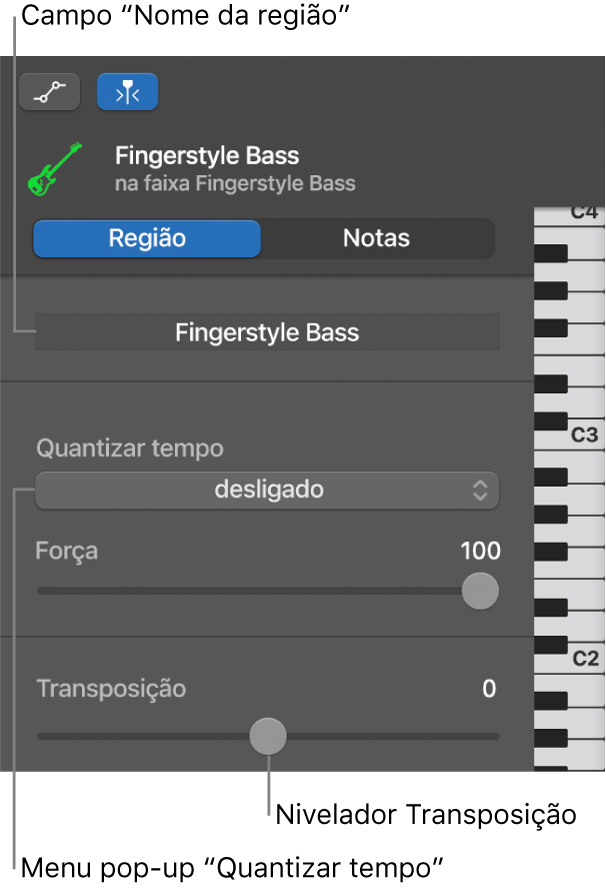 Inspetor do editor de rolo de piano no modo Região, a ilustrar os controlos.