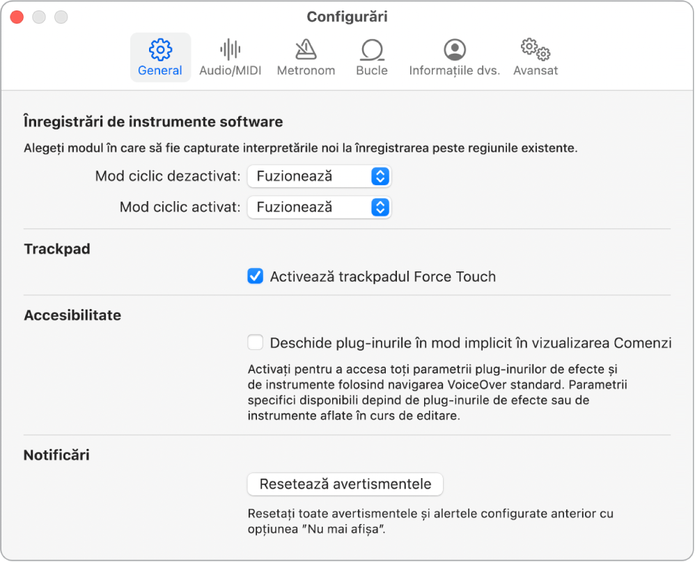 Panoul Configurări generale