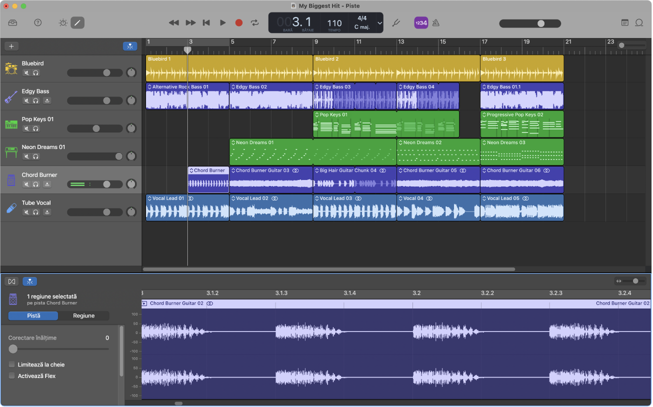 Proiect GarageBand în curs de redare.