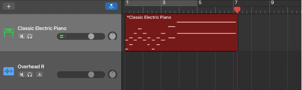 แสดงแถบ MIDI ที่อัดแล้วเป็นสีแดงในพื้นที่แทร็ค