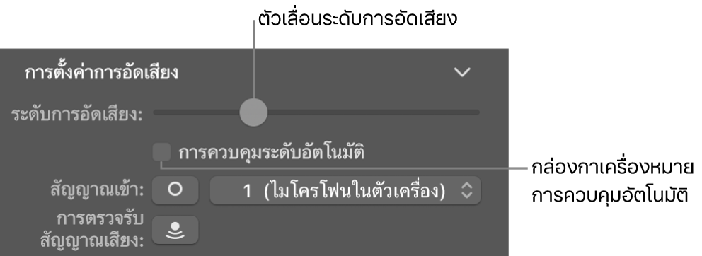 ตัวเลื่อนระดับการอัดและกล่องกาเครื่องหมายควบคุมระดับอัตโนมัติในตัวตรวจสอบ Smart Control