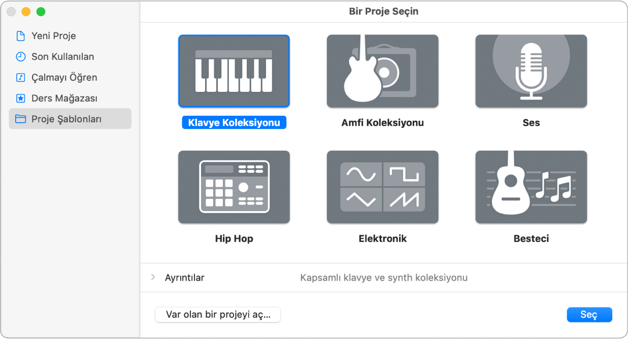 Yeni Proje şablonlarını gösteren Proje Seçici.