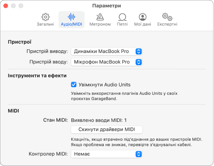 Панель параметрів аудіо/MIDI.